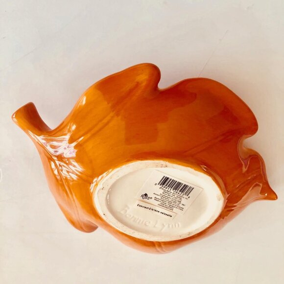 Russ, Adorable, Ceramic, Orange Leaf Trinket Dish with Small Turkey, appx 6"x7" - Picture 9 of 10